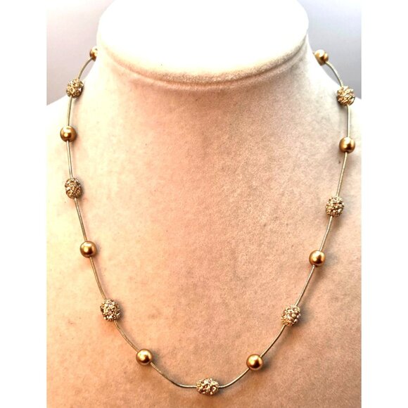 Gold Tone Beaded Necklace With Rhinestone Accents On Snake Chain  = MONET - Picture 1 of 4